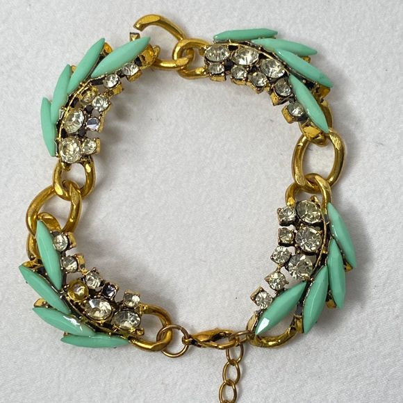 Chain Bracelet Mint Green Marquise Stone Clear Rhinestones In Gold Tone Links - Picture 4 of 10